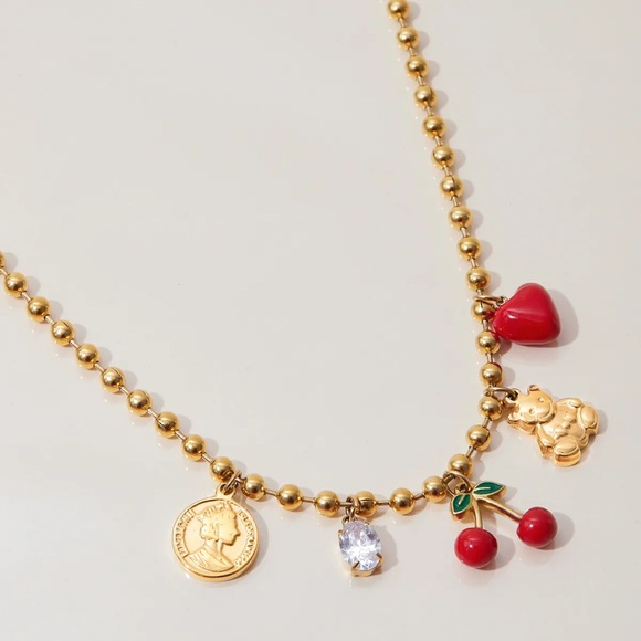 Anthropologie Jewelry - Golden Memories Beaded Cherry Teddy Bear Necklace